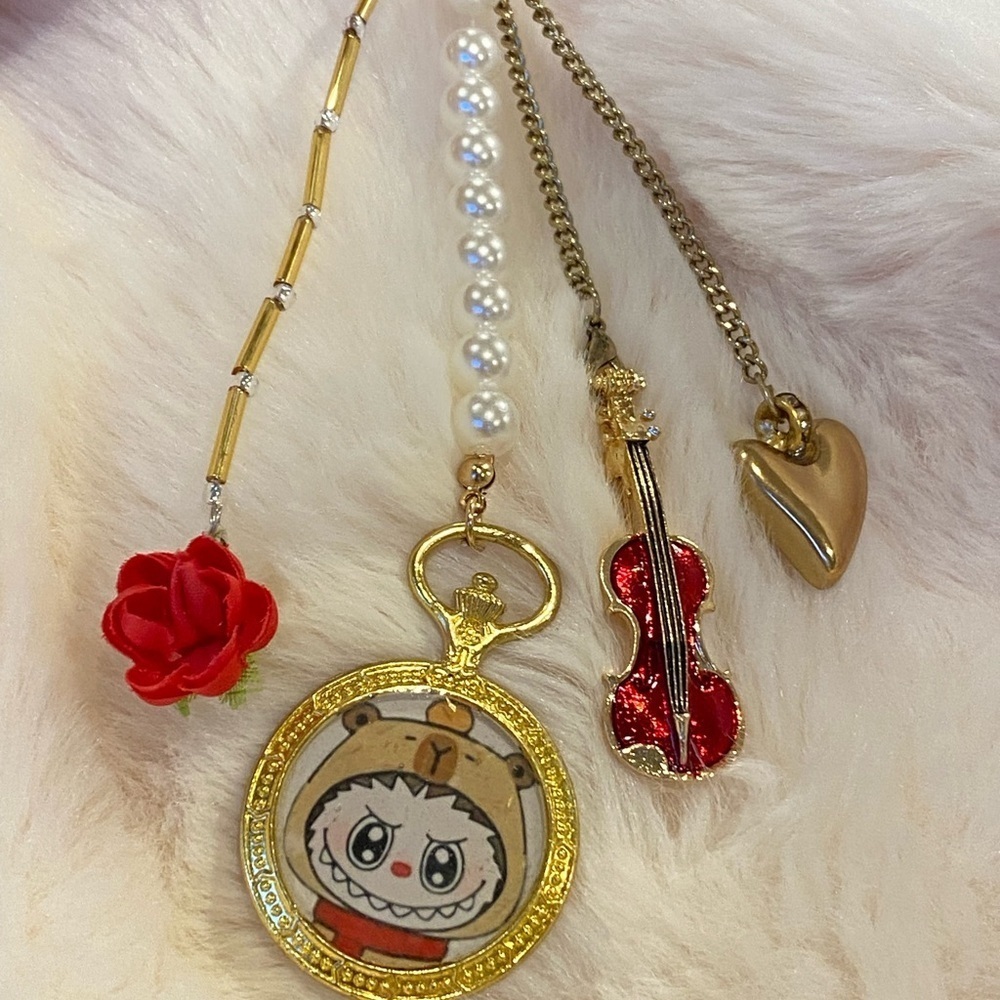 NEW LABUBU Tan Handbag CHARM with Gold and Red Charms KEYCHAIN VIOLIN ROSE - Picture 2 of 6